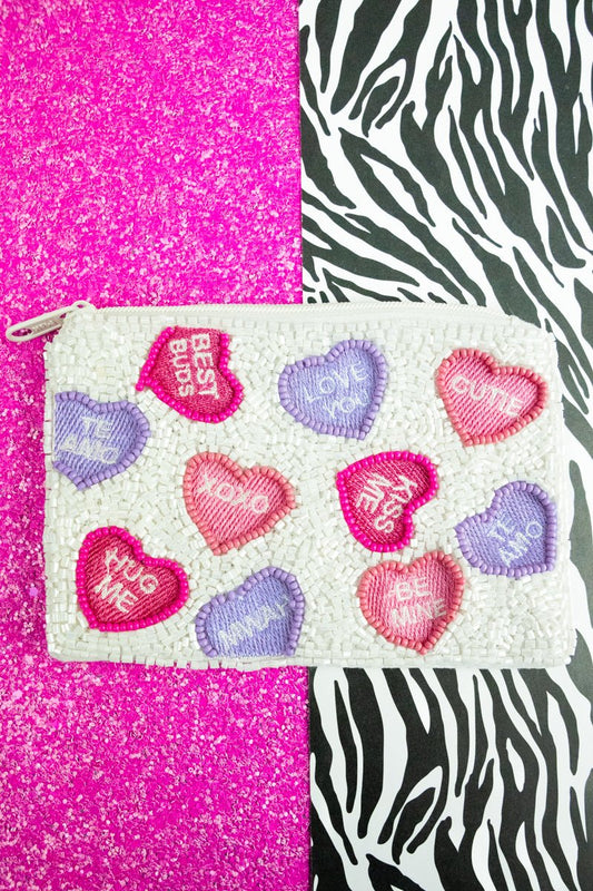 DISCONTINUED! Viola White Message Hearts Seed Bead Coin Purse